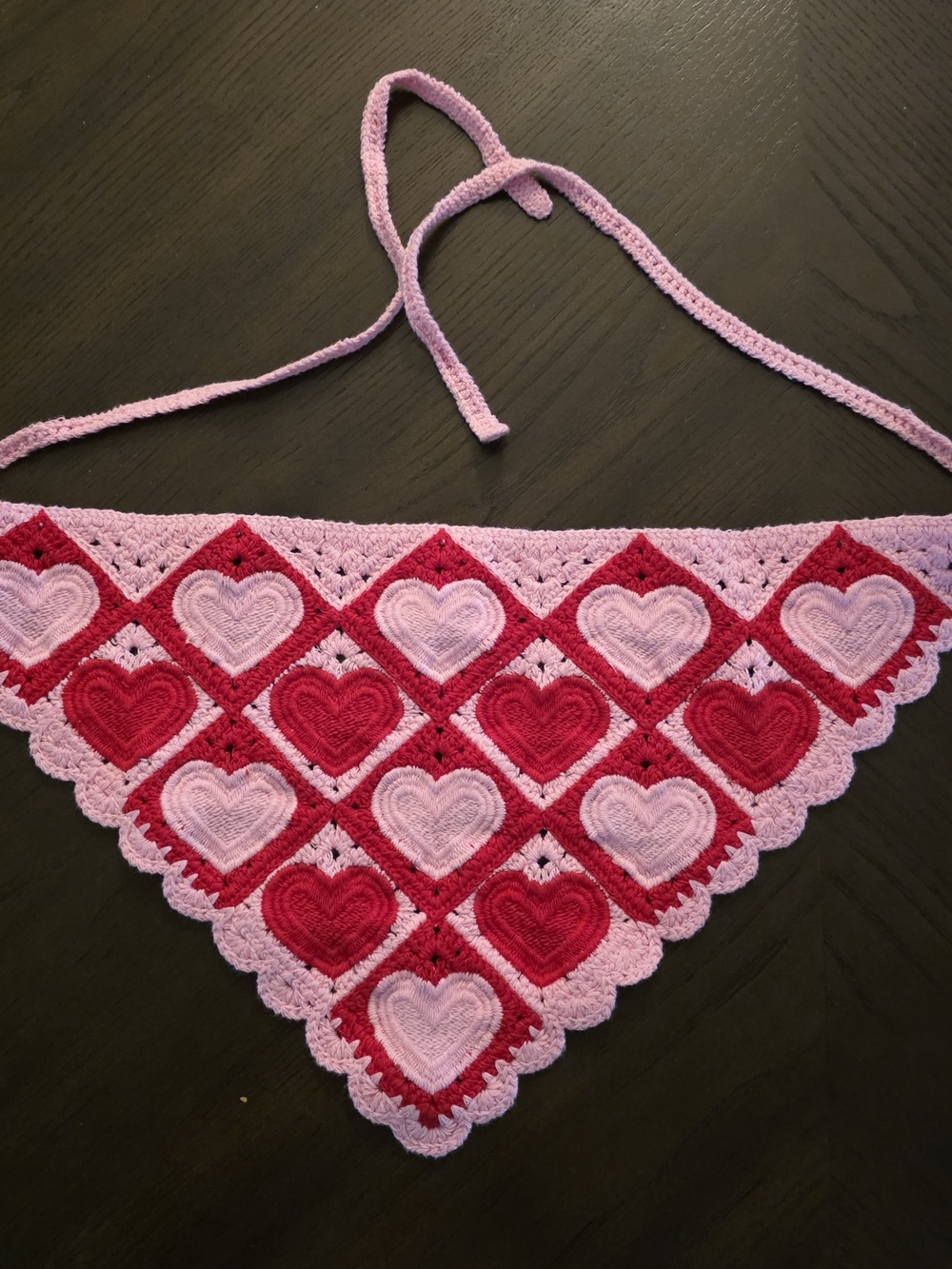 Crochet Heart Bandana Scarf in Pink and Red